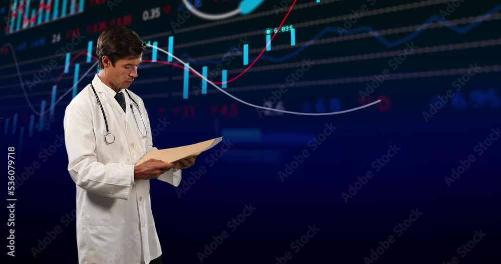 Animation of financial data and graphs over caucasian male doctor Animation of financial data and graphs over caucasian male doctor