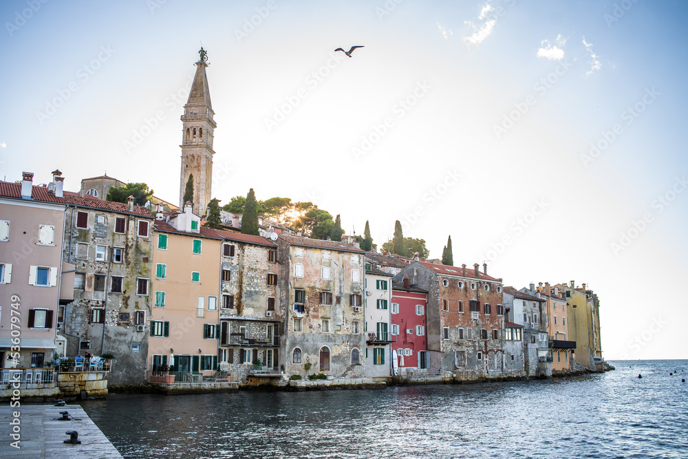 old, historic buildings of the historic old town of Rovinj from the sea at sunset