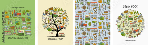 Organic Farm Background For your Design. Harvest Festival. Agriculture collection. Organic farming eco concept. Fresh products, locally grown and organic food. Farmer's Market. Set of 4 concept art