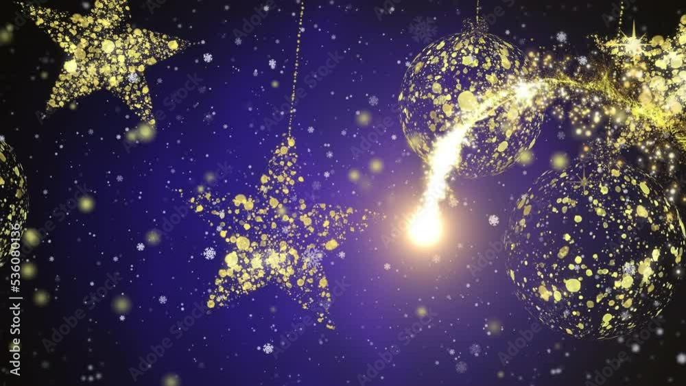 Animation of shooting star and golden stars and baubles on blue background