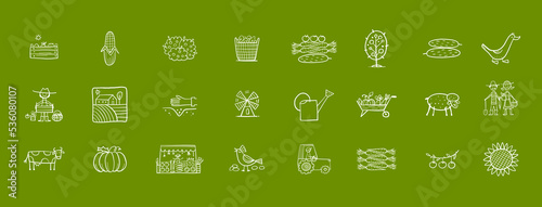 Organic Farm icons For your Design. Harvest Festival. Agriculture collection. Organic farming eco concept. Fresh products, locally grown and organic food. Farmer's Market. Vector illustration