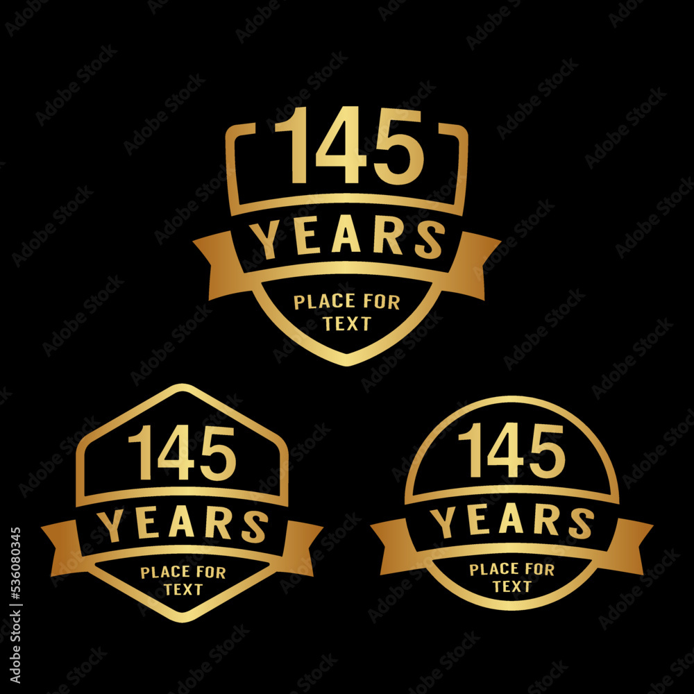 145 years anniversary celebration logotype. 145th anniversary logo collection. Set of anniversary design template. Vector illustration. 