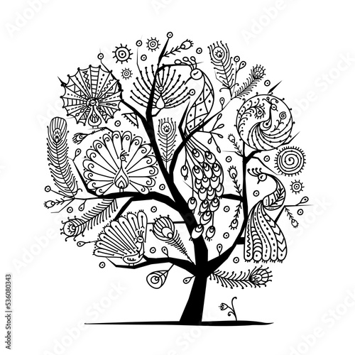 Peacocks on tree, ethnic style concept art for your design. Vector illustration
