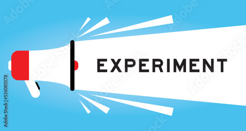 Color megaphone icon with word experiment in white banner on blue background