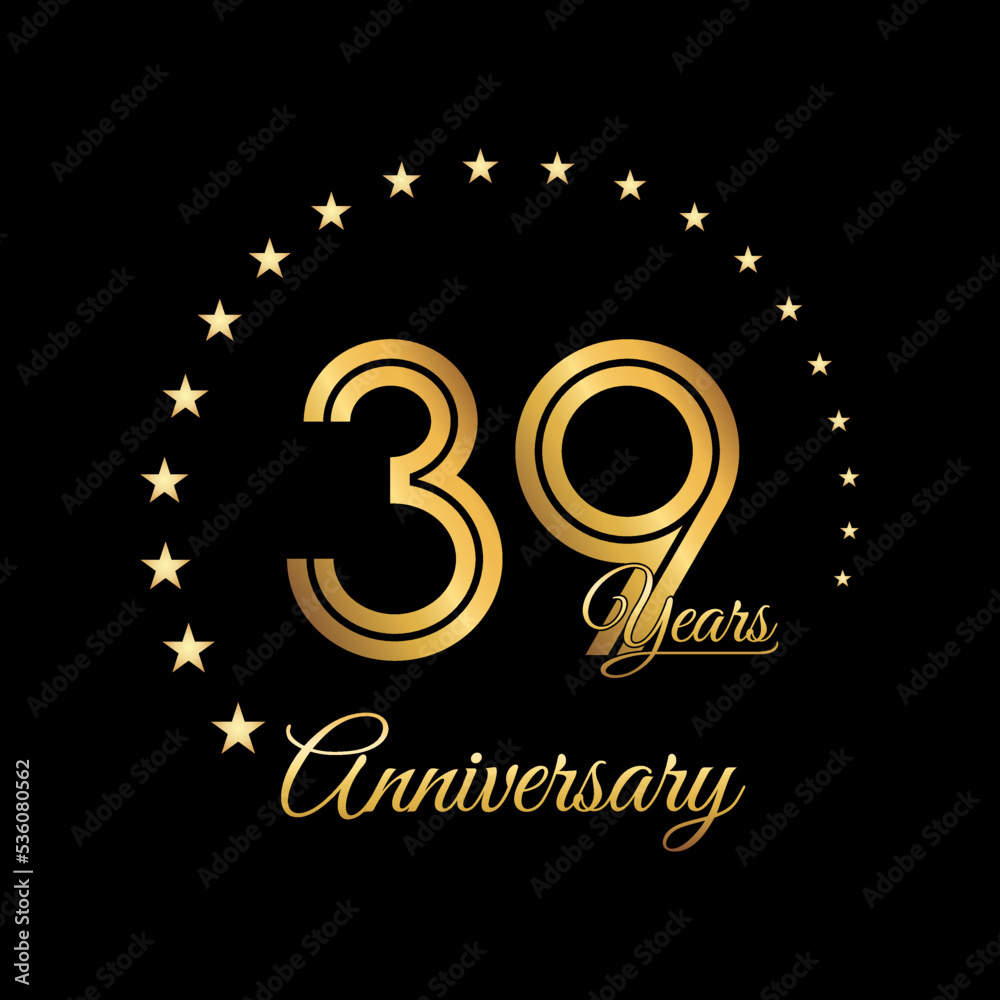 39 Years Anniversary, Perfect template design for anniversary celebration with gold color for booklet, leaflet, magazine, brochure poster, web, invitation or greeting card. Vector template