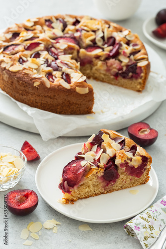 slice of delicious plum and almond cake