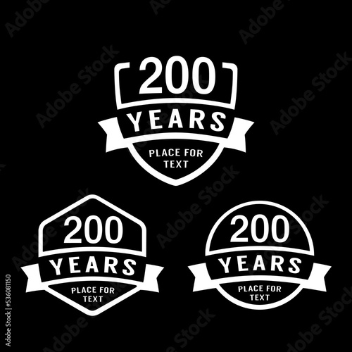 200 years anniversary celebration logotype. 200th anniversary logo collection. Set of anniversary design template. Vector illustration. 