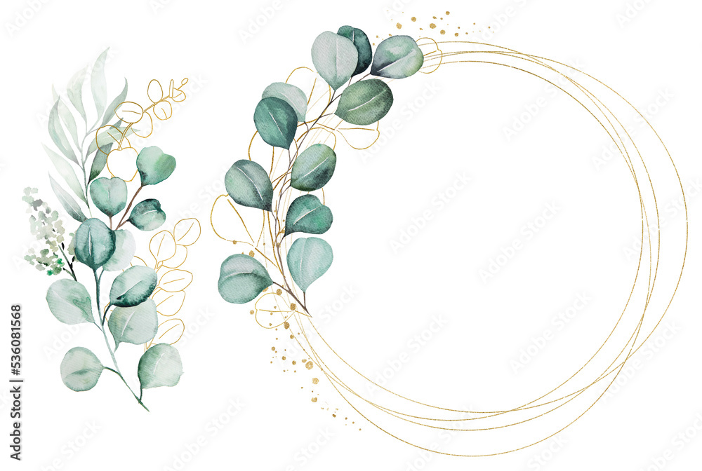 Geometric golden frame and bouquet made of green watercolor eucalyptus leaves - obrazy, fototapety, plakaty 