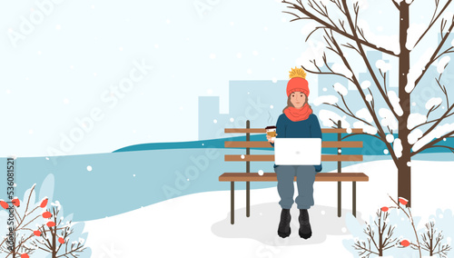 Young girl sitting on a bench in a winter city park with coffee and a laptop. Concept of remote work, freelancing or studying online. Flat vector illustration