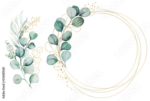 Geometric golden frame and bouquet made of green watercolor eucalyptus leaves