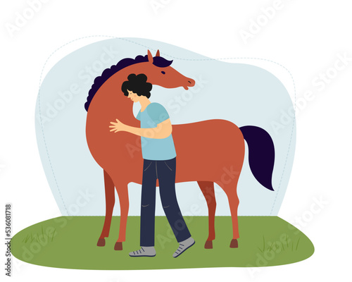 Happy boy, teenager hugging a bay horse. Man hugging a horse. Hippotherapy. Vector flat illustration.