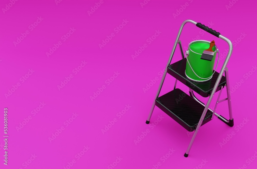 3D illustration, can, ladder, paint and brush pink background, 3Drendering. 3D illustration, can, ladder, paint and brush pink background, 3Drendering.