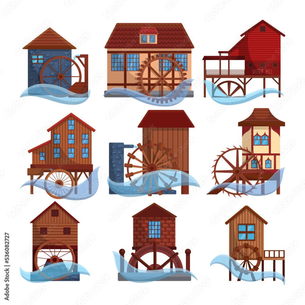 Old water mills on rivers vector illustrations set. Collection of cartoon drawings of wooden houses with waterwheels or wheels isolated on white background. Industry, agriculture concept Old water mills on rivers vector illustrations set. Collection of cartoon drawings of wooden houses with waterwheels or wheels isolated on white background. Industry, agriculture concept