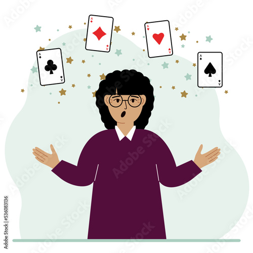 Woman holding playing cards cards. Playing combination of 4 aces or four of a kind.