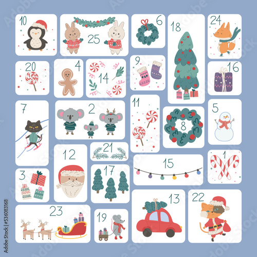 Christmas advent calendar with cute animals and traditional symbols. Vector illustration with winter elements.