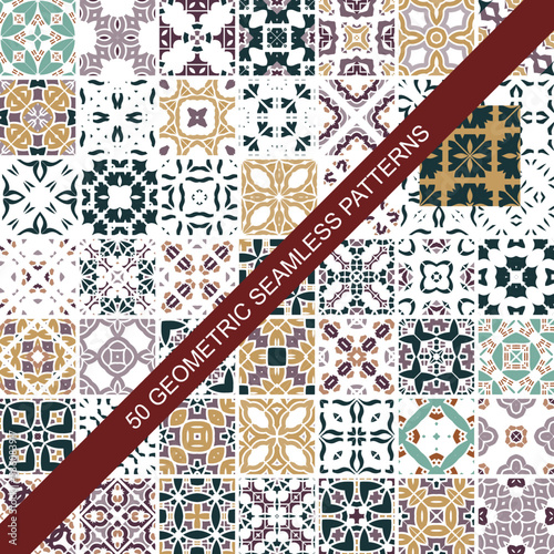 Collection of 50 colourful seamless vector patterns. Elegant color oriental backgrounds. Creative tile mosaic design. Big set of prints.