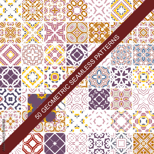 Collection of 50 colourful seamless vector patterns. Elegant color oriental backgrounds. Creative tile mosaic design. Big set of prints.