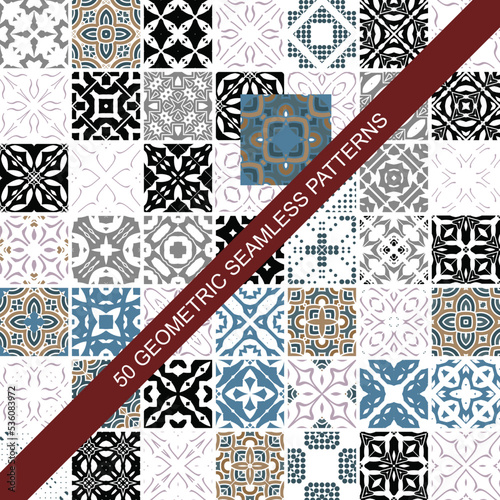 Collection of 50 colourful seamless vector patterns. Elegant color oriental backgrounds. Creative tile mosaic design. Big set of prints.