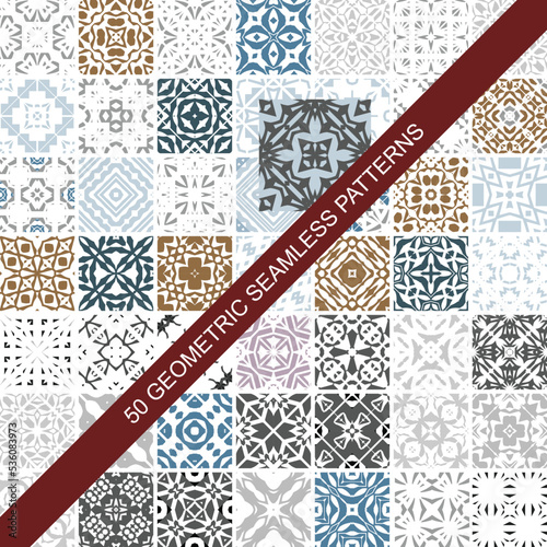 Collection of 50 colourful seamless vector patterns. Elegant color oriental backgrounds. Creative tile mosaic design. Big set of prints.