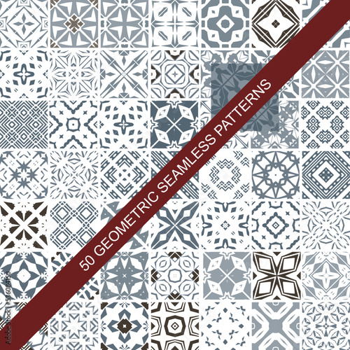 Collection of 50 colourful seamless vector patterns. Elegant color oriental backgrounds. Creative tile mosaic design. Big set of prints.