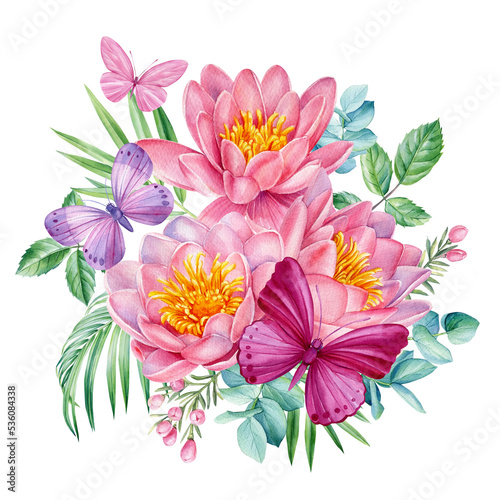 Bouquet with pink lotus flowers and butterflies  floral Illustration botanical watercolor style. Flora design.