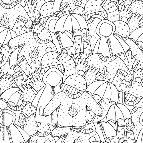 Cozy autumn clothes seamless pattern. Doodle warm clothes coloring page. Black and white background. Vector illustration