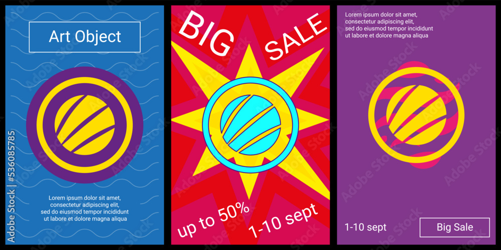Trendy retro posters for organizing sales and other events. Large sushi roll symbol in the center of each poster. Vector illustration on black background Trendy retro posters for organizing sales and other events. Large sushi roll symbol in the center of each poster. Vector illustration on black background