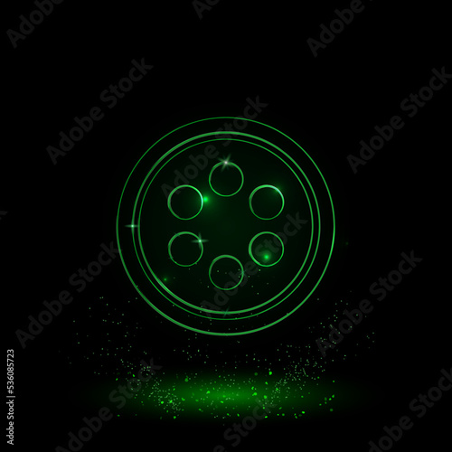 A large green outline optic cable symbol on the center. Green Neon style. Neon color with shiny stars. Vector illustration on black background