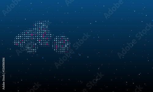 On the left is the road roller symbol filled with white dots. Background pattern from dots and circles of different shades. Vector illustration on blue background with stars