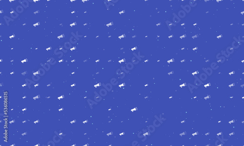 Seamless background pattern of evenly spaced white megaphone symbols of different sizes and opacity. Vector illustration on indigo background with stars