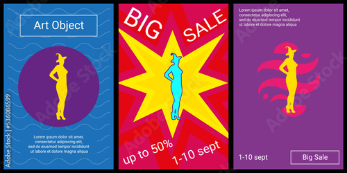 Trendy retro posters for organizing sales and other events. Large sexy witch symbol in the center of each poster. Vector illustration on black background