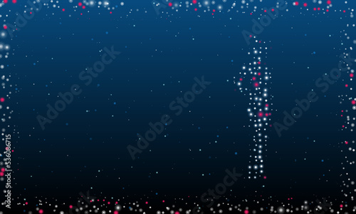 On the right is the sexy witch symbol filled with white dots. Pointillism style. Abstract futuristic frame of dots and circles. Some dots is pink. Vector illustration on blue background with stars