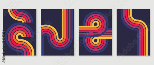 Set of abstract colorful stripes background vector. 70s retro vintage style creative cover with groovy lines, curve, circle, geometric shapes. Design for decorative, wall art, poster, banner.