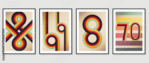 Set of abstract colorful stripes background vector. 70s retro vintage style creative cover with lines, curve, circle, infinity,  geometric shapes. Design for decorative, wall art, poster, banner.