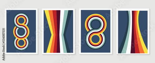 Set of abstract colorful stripes background vector. 70s retro vintage style creative cover with lines, curve, circle, infinity,  geometric shapes. Design for decorative, wall art, poster, banner.