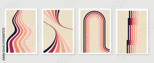 Set of abstract colorful stripes background vector. 70s retro vintage style creative cover with lines, curve, circle, geometric shapes. Design for decorative, wall art, poster, banner.