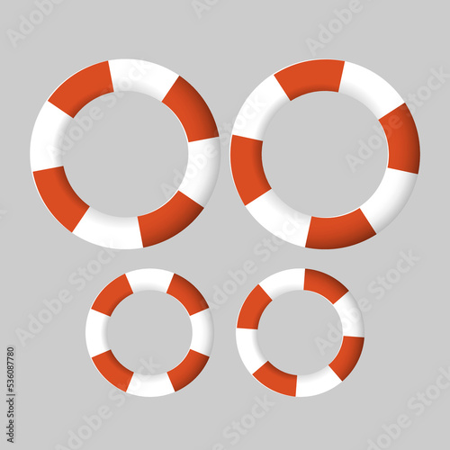Red and white sea lifebuoy ring set on a grey gray background. Support and rescue help. Bailout