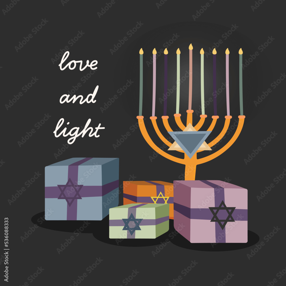 Happy Hanukkah, Jewish Festival of Lights background for greeting card, invitation, banner, Presents, Love and light