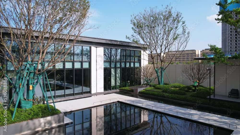 aerial view of modern building for real estate sales center aerial view of modern building for real estate sales center