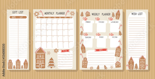 Set of cute planners with traditional Christmas illustrations. Monthly plan, weekly plan, wish list and gift sheet with gingerbread houses and Christmas elements. Planning for Christmas and New Year