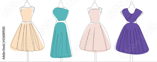 dresses on mannequins one continuous line drawing, isolated vector