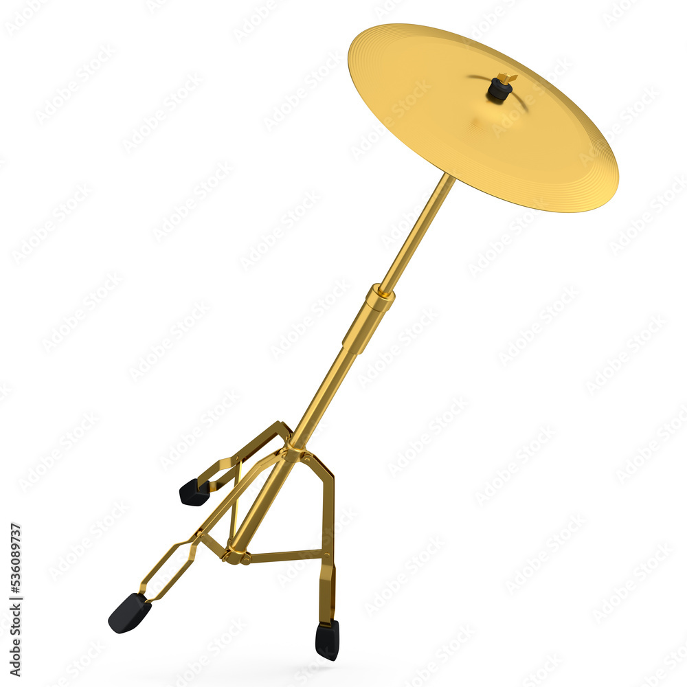 Metal cymbal on a stand on white. 3d render of musical percussion instrument Metal cymbal on a stand on white. 3d render of musical percussion instrument