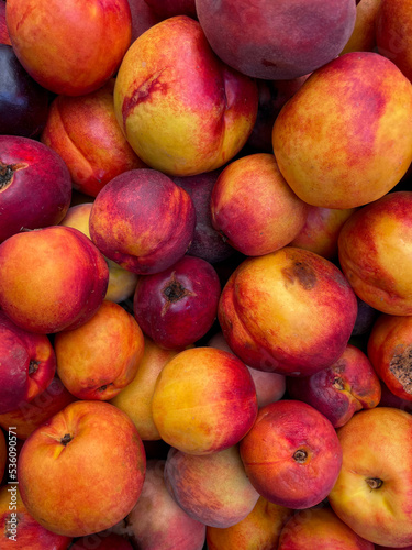 Many tasty fresh ripe red yellow nectarine peaches on farmers market shop directly above view