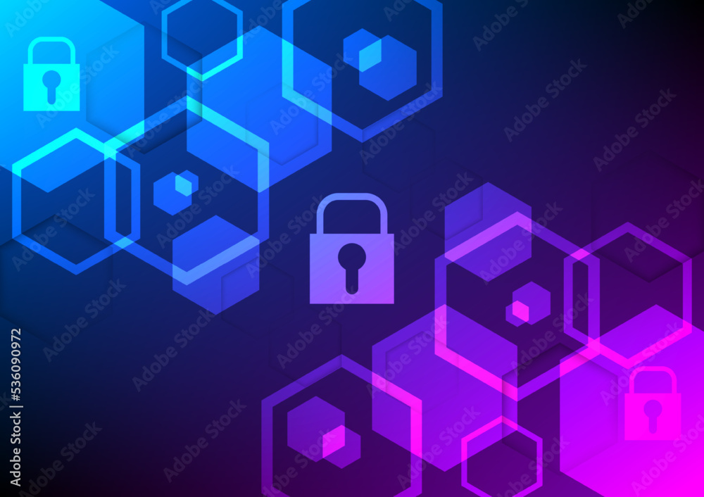 technology background with lock icon science hexagon unit vector abstract design. secured digital light communication network. graphic for signal connection online and futuristic internet concept.