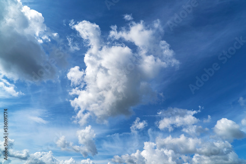 Blue sky with large and small white clouds of different shapes.
