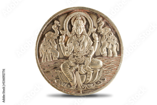 Durga, Saraswati or laxmi silver coin isolated on white background . indiaan god.