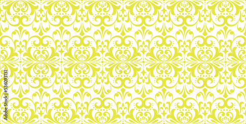 Wallpaper in the style of Baroque. Seamless vector background. White and yellow floral ornament. Graphic pattern for fabric, wallpaper, packaging. Ornate Damask flower ornament