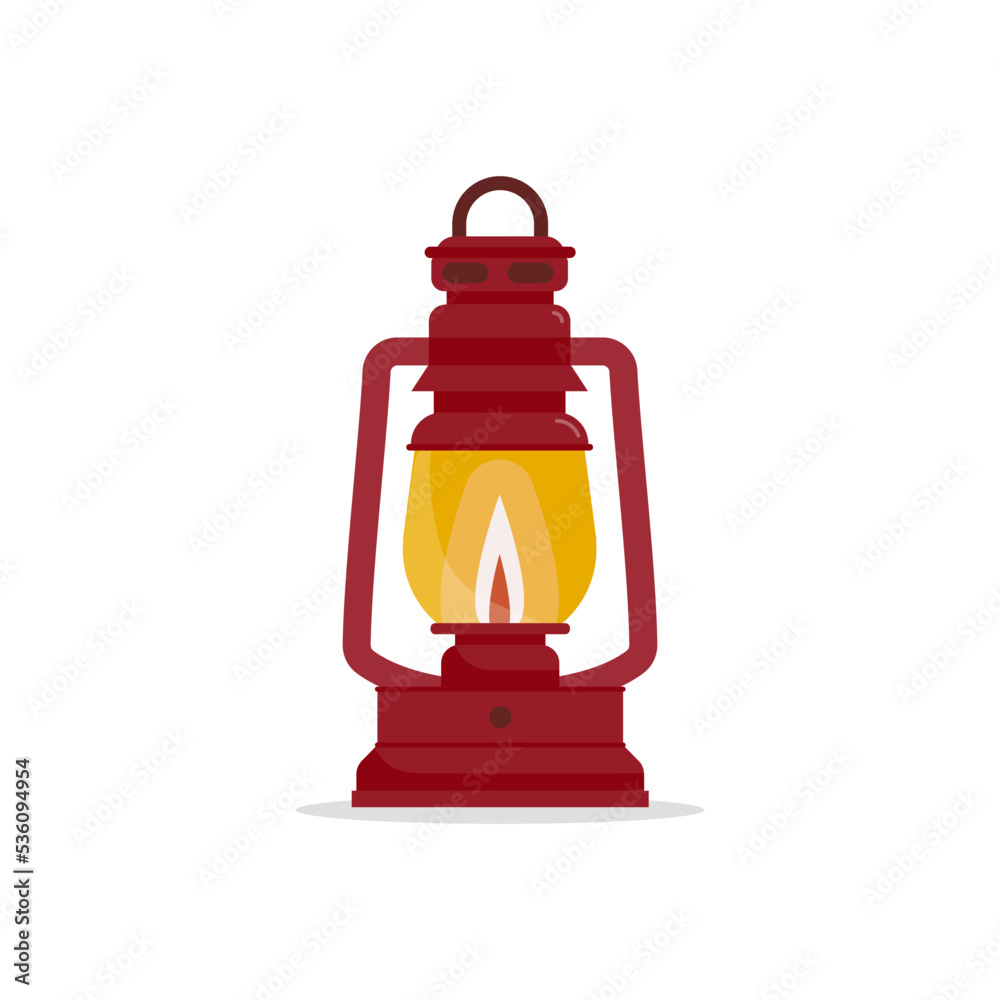 Old lantern isolated. Burgundy retro oil lamp with the flame on. Vector illustration, flat design Old lantern isolated. Burgundy retro oil lamp with the flame on. Vector illustration, flat design