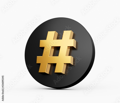 Gold Hashtag Sign with black circle on White Background, 3D illustration