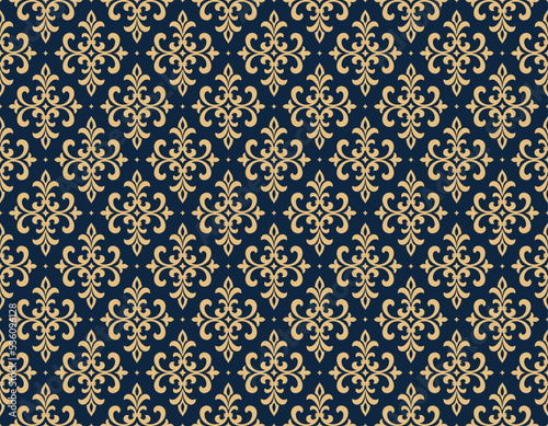Flower geometric pattern. Seamless vector background. Gold and dark blue ornament